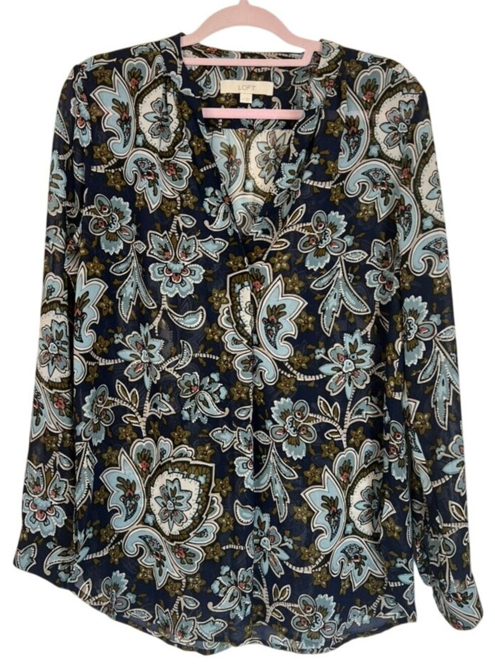 Loft Blue Plaisley Boho Chic Flowy Loose A-line Deep V-neck Lightweight Top M